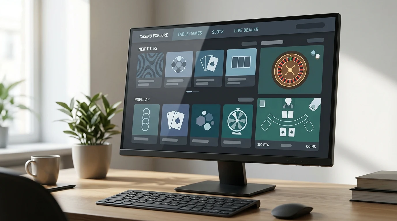 Casino game tiles and a live-table layout displayed on a desktop monitor.