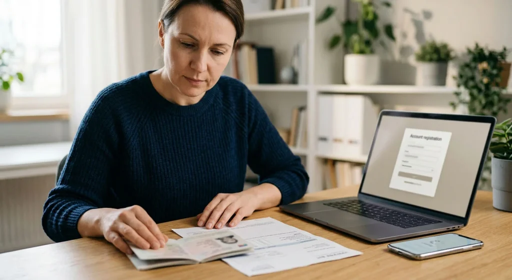 Person reviewing identity and address documents beside a laptop and mobile phone