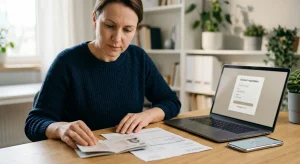 Person reviewing identity and address documents beside a laptop and mobile phone