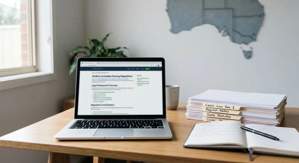Laptop beside legal papers and an Australian coastal map silhouette