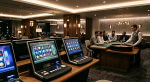 Casino tables and slot-style game screens arranged in a modern gaming lounge