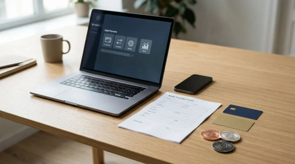 Payment cards, bank paperwork and generic cryptocurrency tokens beside a laptop